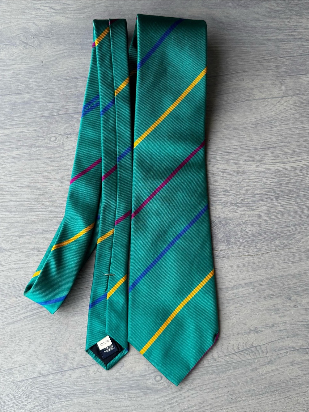 Vintage Burberry’s Teal Diagonal Stripe Tie with Yellow, Blue and Purple Accents